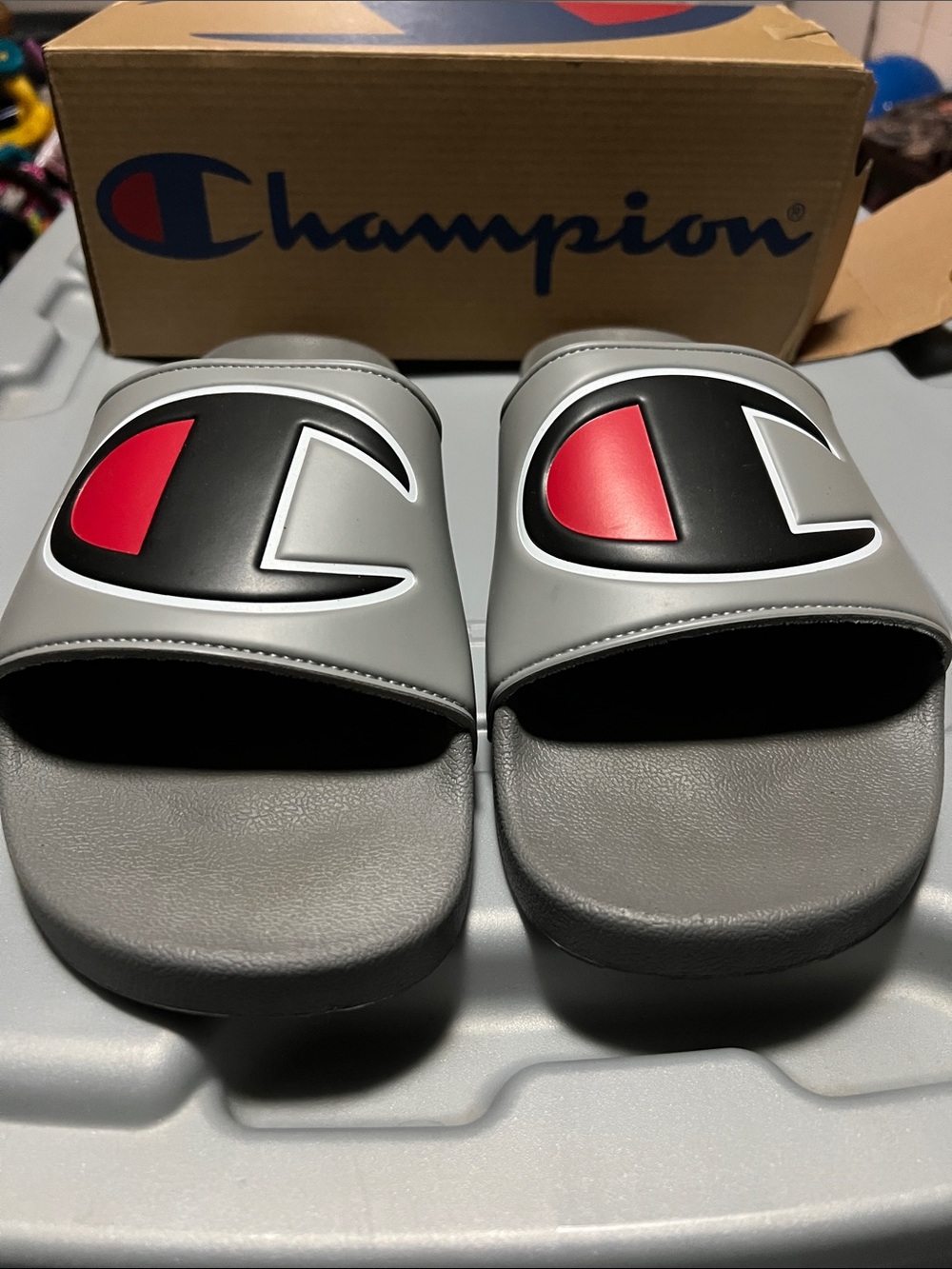 Champion Grey Slides with Black & Red Logo Accent sz 14